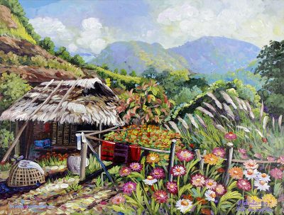 'Beautiful Thai Countryside I' - Signed Original Painting of a Small Thai Farmhouse