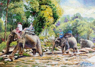 'Travel with Elephant' - Signed Thai Impressionist Painting of Elephant and Trees