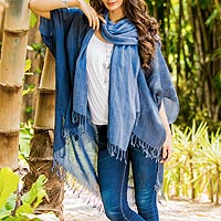 Cotton kimono jacket and scarf set, 'Midnight Blue Mystique' - Midnight Blue Cotton Thai Jacket with Light Blue Scarf Set