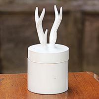 Wood decorative box, 'Antlers' - Hand Crafted White Decorative Box with Antlers from Thailand