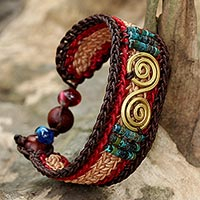 Brass pendant wristband bracelet, 'Siam Spirals' - Brass and Reconstituted Turquoise Braided Wristband Bracelet
