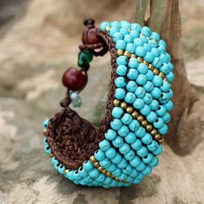 Beaded wristband bracelet, 'Thai Smile' - Calcite and Brass Beaded Wristband Bracelet from Thailand