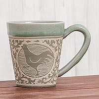 Celadon ceramic mug Thai Zodiac Chicken Thailand