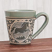 Celadon ceramic mug Thai Zodiac Horse Thailand