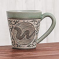 Celadon ceramic mug Thai Zodiac Snake Thailand