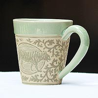 Celadon ceramic mug Thai Zodiac Tiger Thailand