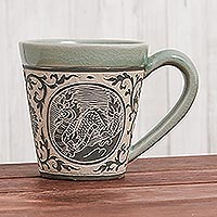 Celadon ceramic mug, 'Thai Zodiac Dragon' - Celadon Glazed Ceramic Mug with Dragon from Thailand