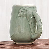 Celadon ceramic mug, 'Morning Elephant in Green' - Ceramic Celadon Elephant Mug in Green from Thailand