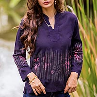 Cotton batik blouse, Violet Frangipani