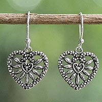 Sterling silver dangle earrings, 'Heart Blooms' - Heart Shaped Sterling Silver Dangle Earrings from Thailand
