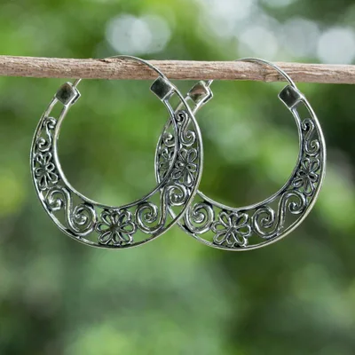Sterling silver hoop earrings, Ornate Spring