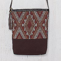 Leather accent cotton shoulder bag, 'Northern Thai Charm' - Thai Handwoven Cotton Shoulder Bag with Leather Accents