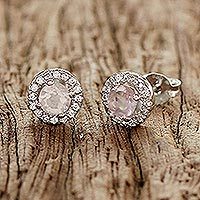 Rhodium plated rose quartz stud earrings,