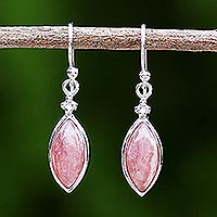 Rhodium plated rhodochrosite dangle earrings, 'Knowing Eyes' - Rhodium Plated Rhodochrosite Dangle Earrings from Thailand