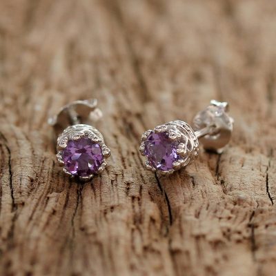 Rhodium plated amethyst stud earrings, Lavender Brilliance