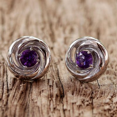 Rhodium plated amethyst stud earrings, Lilac Cyclones