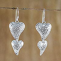 Sterling silver dangle earrings, 'Flowering Love' - Floral Heart-Shaped Sterling Silver Earrings from Thailand