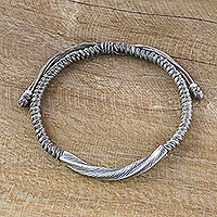Silver wristband bracelet, 'Karen Twist in Grey' - Karen Silver Wristband Bracelet in Grey from Thailand