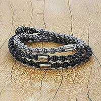 Silver beaded wrap bracelet, 'Midnight Hour' - Karen Silver Braided Wrap Bracelet from Thailand