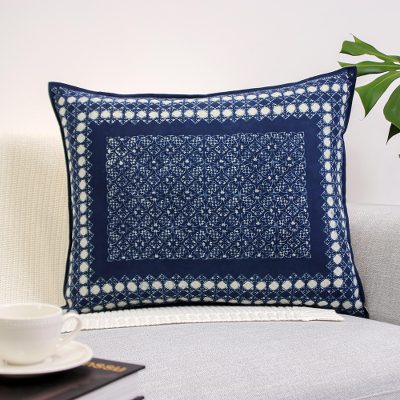 Cotton batik cushion cover, 'Indigo Floral Mosaic' - Indigo Floral Batik Mosaic on Handmade Cotton Cushion Cover