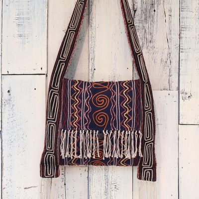 Hemp blend shoulder bag, 'Fresh Life in Navy' - Hemp Blend Embroidered Shoulder Bag in Navy from Thailand