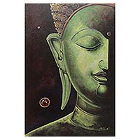 'The Calmness III' - Original Signed Painting of a Jade Buddha from Thailand