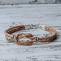 Silver accent braided leather bracelet, 'Square Knot in Tan' - Braided Tan Leather Bracelet with Silver 950 Accents