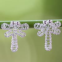 Sterling silver drop earrings, 'Dragonfly Wrap' - Artisan Crafted Sterling Silver Dragonfly Drop Earrings