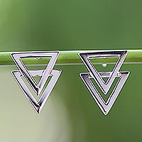 Sterling silver drop earrings, 'Enchanting Geometry' - Shiny 925 Sterling Silver Double Triangle Earrings