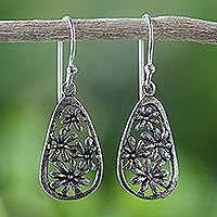 Sterling silver flower dangle earrings, 'Floral Showers' - Artisan Crafted Antiqued Sterling Silver Flower Earrings