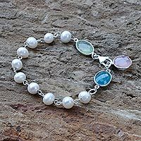 Cultured pearl and chalcedony link bracelet,