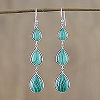 Malachite dangle earrings, 'Salt Water Drops' - Silver and Malachite Dangle Earrings from Thailand