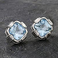 Blue topaz button earrings, 'Everyday Glitz' - Rhodium Plated Blue Topaz Button Earrings from Thailand