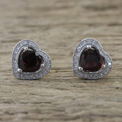 Garnet stud earrings, Sparkling Hearts