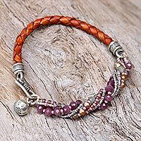 Leather and glass bead wristband bracelet,