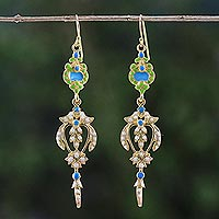 Gold plated brass dangle earrings, 'Thai Purity' - Gold Plated Brass Earrings in White and Green from Thailand