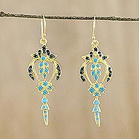 Gold plated brass dangle earrings, 'Proud Beauty in Blue' - Gold Plated Brass Earrings in Blue and Navy from Thailand