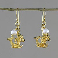 Gold plated cultured pearl dangle earrings, 'Radiant Aquarius' - Gold Plated Cultured Pearl Aquarius Earrings from Thailand