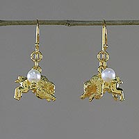 Gold plated cultured pearl dangle earrings, 'Radiant Taurus' - Gold Plated Cultured Pearl Taurus Earrings from Thailand