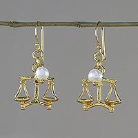 Gold plated cultured pearl dangle earrings, 'Radiant Libra' - 18k Gold Plated Cultured Pearl Libra Earrings from Thailand