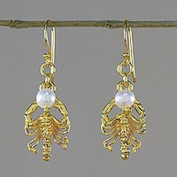 Gold Plated Cultured Pearl Scorpio Earrings from Thailand,'Radiant Scorpio'