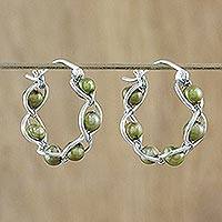 Cultured pearl hoop earrings, 'Cloud Twist in Green' - Green Cultured Pearl and 925 Silver Earrings from Thailand