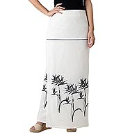 Cotton wrap skirt, 'Bird of Paradise on White' - White Cotton Wrap Skirt with Dark Grey Bird of Paradise
