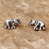 Sterling silver button earrings, 'Smiling Elephants' - Handmade Silver Elephant Button Earrings from Thailand
