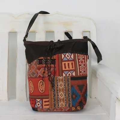 Leather accent cotton blend sling, 'Sunrise Journey' - Leather Accent Cotton Blend Adjustable Sling from Thailand