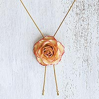 Natural rose lariat necklace, 'Old Fashioned Garden Rose' - Genuine Rose and Gold Plate Necklace from Thailand
