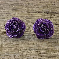 Natural rose button earrings, 'Flowering Passion in Purple' - Natural Rose Button Earrings in Purple from Thailand