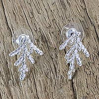 Sterling silver plated natural leaf button earrings, 'Natural Needles' - Silver Plated Natural Cypress Leaf Earrings from Thailand