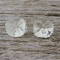 Sterling silver plated natural leaf button earrings,