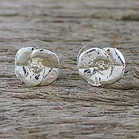 Sterling silver plated natural flower button earrings,